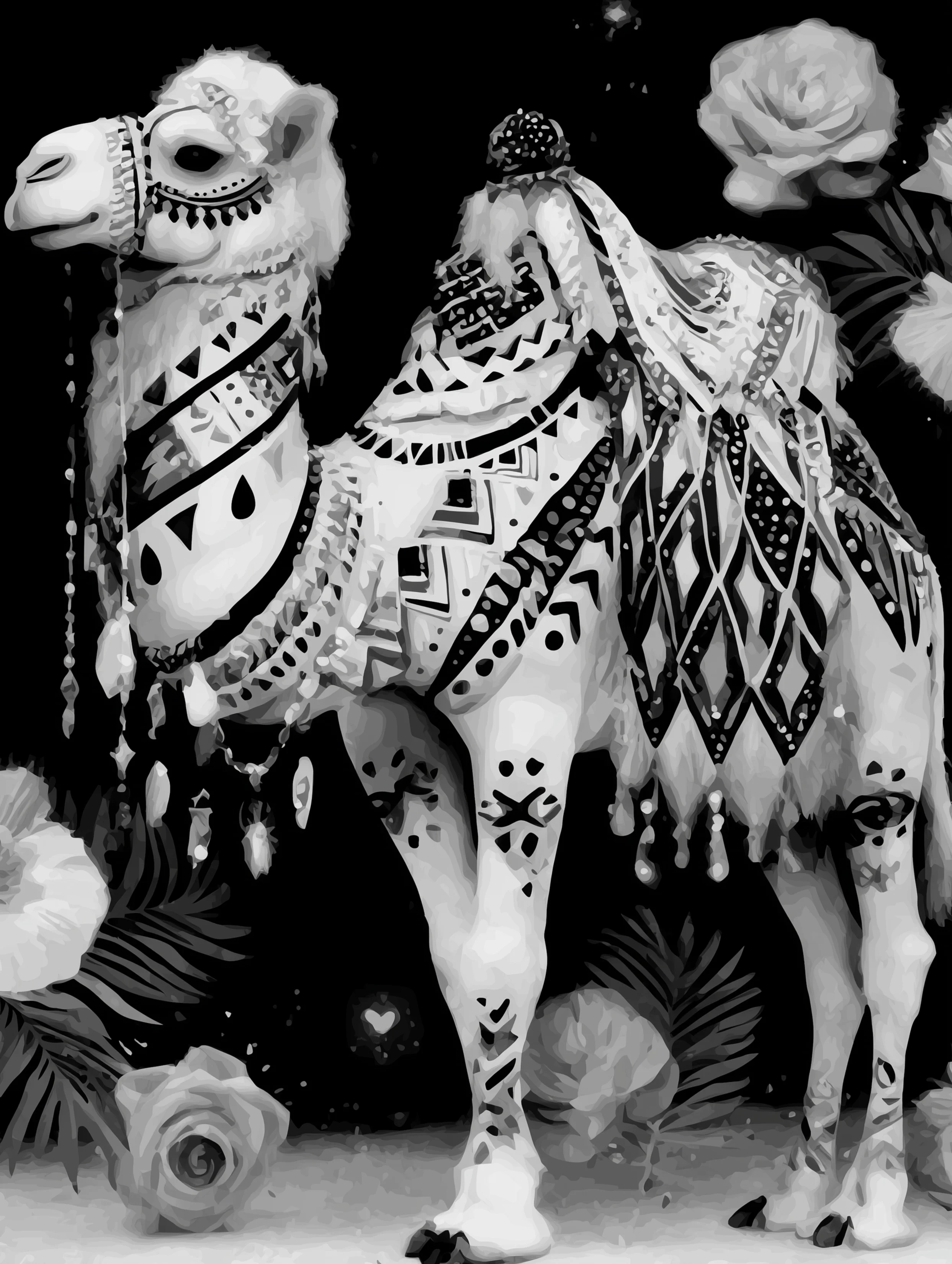 Free printable camel coloring page for adults featuring tasseled camel